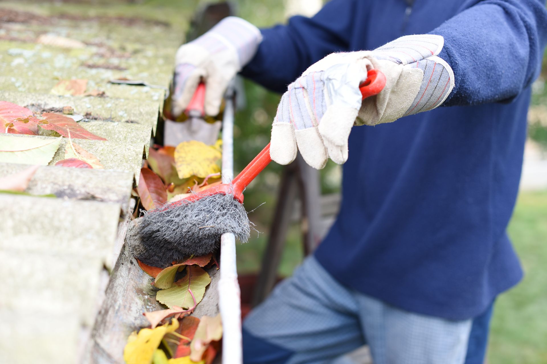 Person Cleaning Leaves From a Gutter With a Brush and Dustpan — Norwest Roof Restorations In Blue Bay, NSW