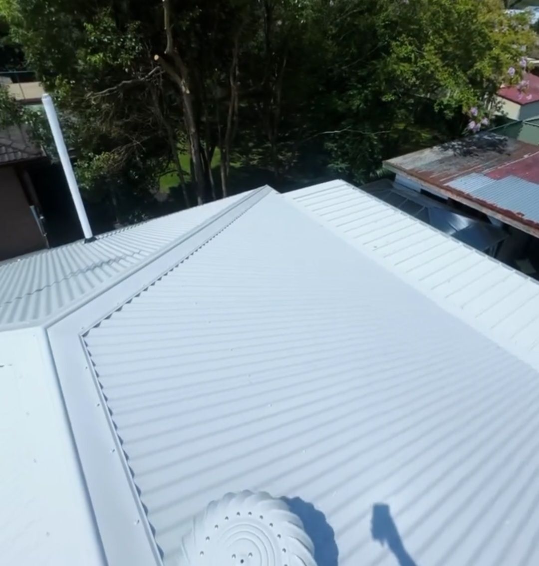 White Corrugated Metal Roof With Trees — Norwest Roof Restorations In Newcastle, NSW